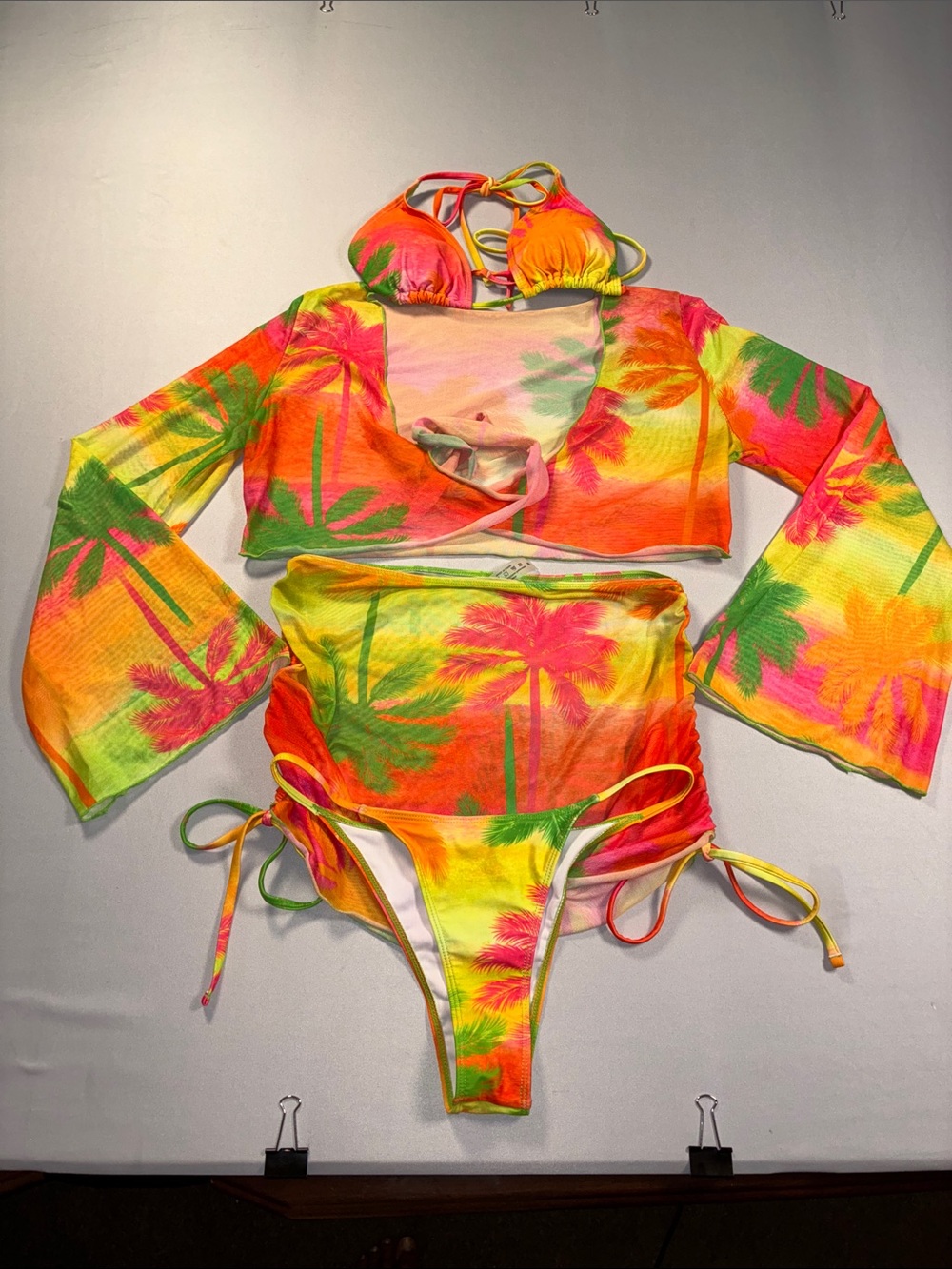 Tropical Neon Palm 4-Piece Bikini Set - & CoverUp Womens Medium